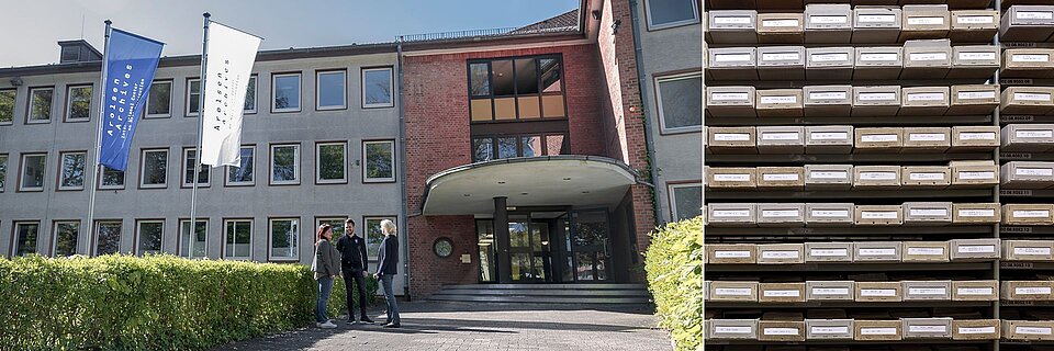 Arolsen Archives Collage Arolsen Archives: Eingang und Kartonsregal