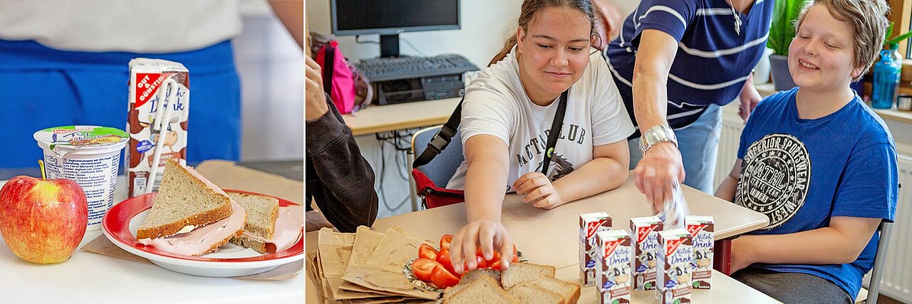 Frühstück beim DRK Weimar Collage: Gesundes Frühstück und essende Kinder