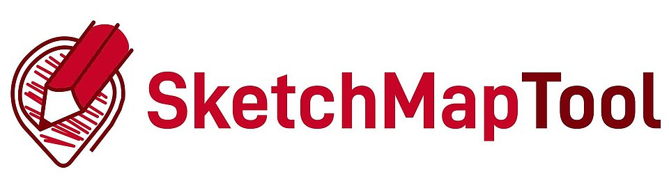 SketchMap-Logo Das Logo von "SketchMapTool" zeigt einen stilisierten roten Bleistift, der über ein gestricheltes Ortsmarkierungs-Symbol gezeichnet ist, gefolgt vom Schriftzug "SketchMapTool" in roter Schrift.