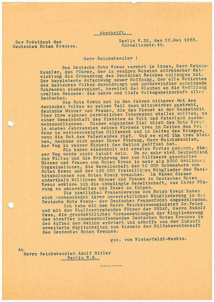 Brief an Hitler Vergilbte Abschrift des Briefes