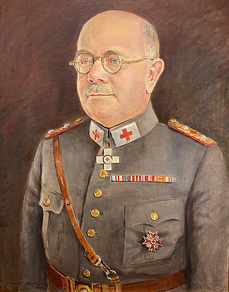 Gemälde von Louis Sanne Sanne in Rotkreuz-Uniform mit Rot-Kreuz-Medaille