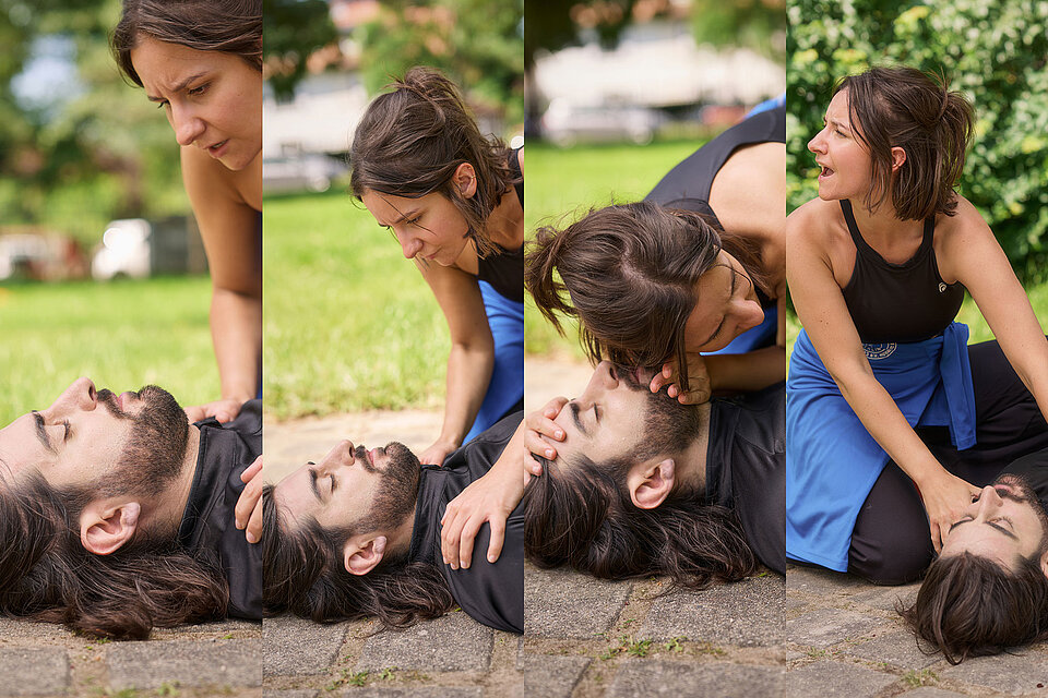 Bewusstlosigkeit Collage: Prüfen des Bewusstseins & Hilfe rufen