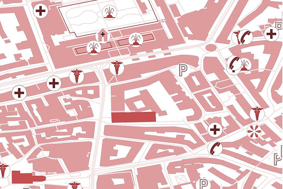 Digital Volunteers Rot eingefärbte Stadtkarte