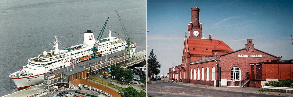 Hafen Cuxhaven Collage: Empfangshallte Steubenhöft, Hapag-Hallen Cuxhaven