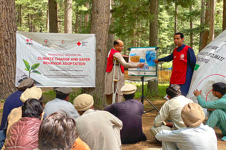 Climate change awareness Red Crescent volunteer speaking to group