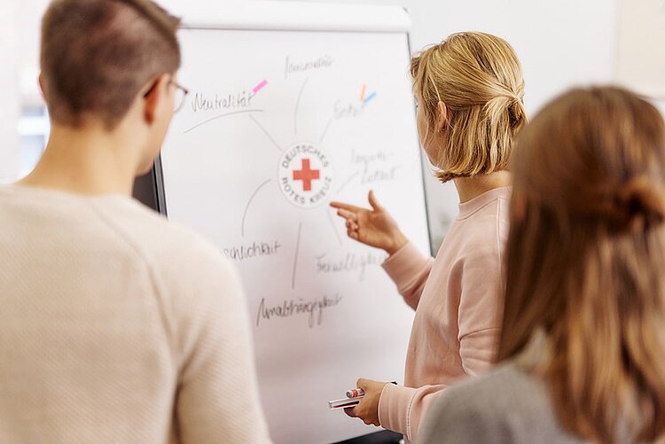 Ehrenamt in der Ausbildung und Schulung Logo an einer Tafel, davor Personen