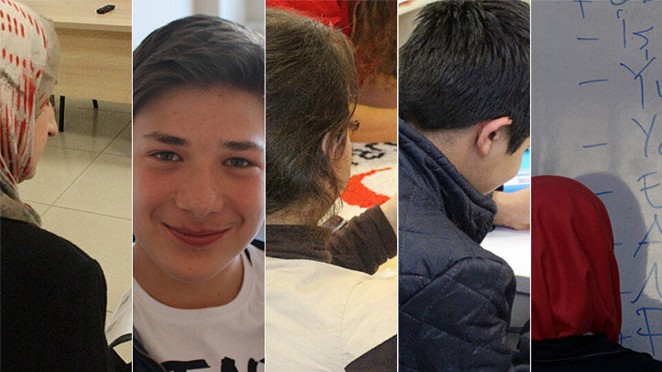 Syrische Geflüchtete Collage aus fünf Portraits
