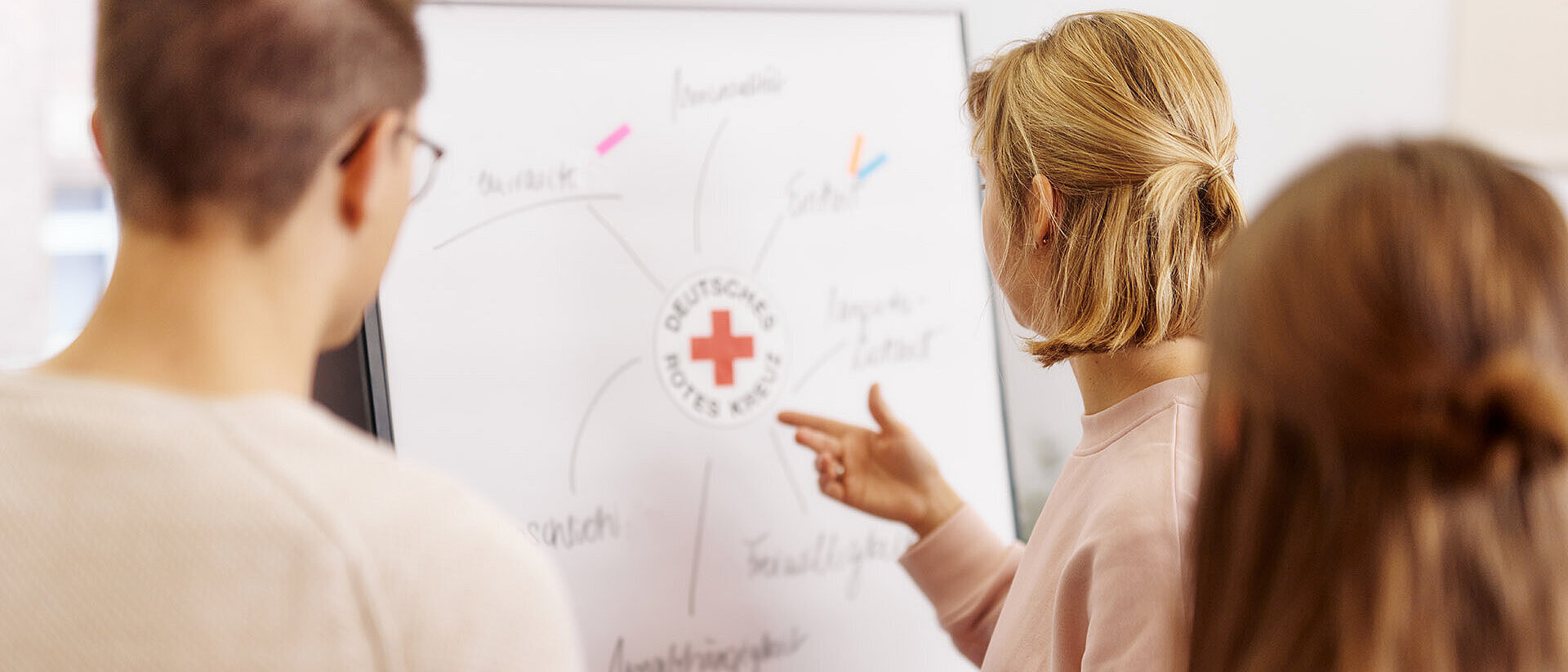 Zusammenarbeit Drei Personen betrachten Flipchart mit DRK-Logo